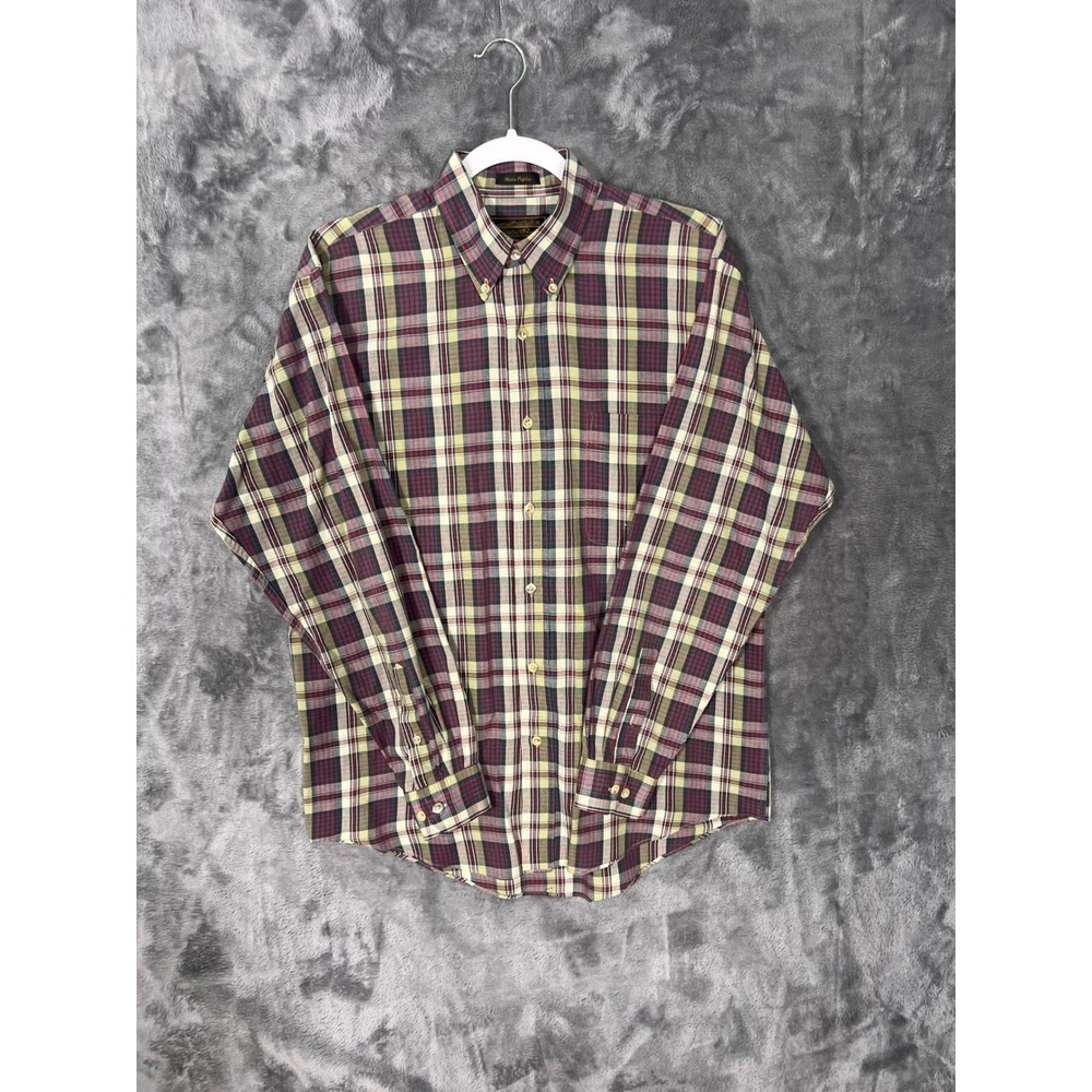 Eddie Bauer Marin Poplin Plaid Button Down Shirt Mens Medium Red Green Korea
